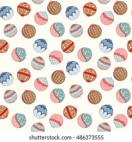 Christmas and New Year seamless pattern. Hand drawn endless vector illustration of Christmas balls on light background for wrapping, textile printing Christmas decoration. Winter holiday collection