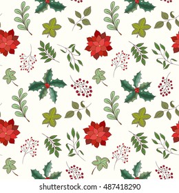 Christmas and New Year seamless pattern. Hand drawn endless vector illustration of christmas flora light background for wrapping, textile printing Winter holiday collection