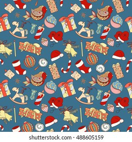 Christmas and New Year seamless pattern. Hand drawn endless vector illustration of Christmas elements of bell, present, sock, hat, candy, candle, ball, bird, toys for wrapping, textile printing