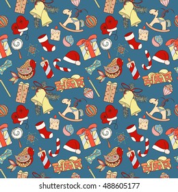 Christmas and New Year seamless pattern. Hand drawn endless vector illustration of Christmas elements of bell, present, sock, hat, candy, candle, ball, bird, toys for wrapping, textile printing