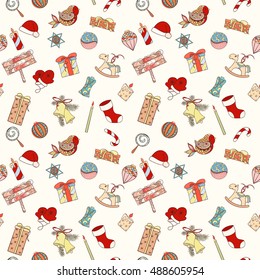 Christmas and New Year seamless pattern. Hand drawn endless vector illustration of Christmas elements of bell, present, sock, hat, candy, candle, ball, bird, toys for wrapping, textile printing