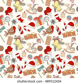 Christmas and New Year seamless pattern. Hand drawn endless vector illustration of Christmas elements of bell, present, sock, hat, candy, candle, ball, bird, toys for wrapping, textile printing