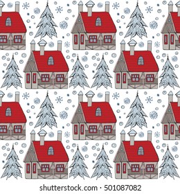 Christmas and New Year seamless pattern with cute house and trees. Hand drawn vector illustration for poster, print on clothes. Winter sketch background.