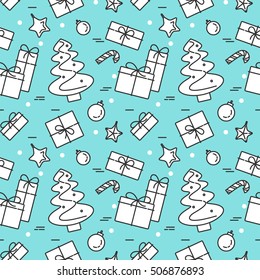 Christmas and New Year seamless pattern with outline holiday related elements and symbols isolated on blue background. Vector illustration in line art style.