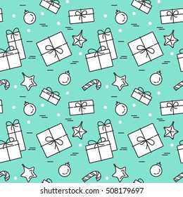 Christmas and New Year seamless pattern with outline holiday related elements and symbols isolated on mint background. Vector illustration in line art style.