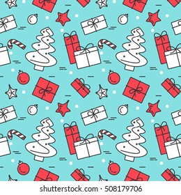 Christmas and New Year seamless pattern with outline holiday related elements and symbols isolated on blue background. Vector illustration in line art style.