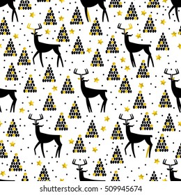 Christmas and New Year seamless pattern with deer, tree and golden elements.