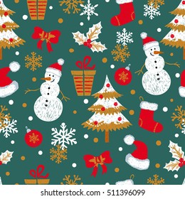 Christmas and New Year seamless pattern with doodle snowmen, fir trees, gifts and snowflakes. Vector holiday background. 