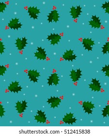 Christmas, New Year seamless pattern of stylized leaves of holly, Naive retro style, print for wrapping gift paper, background, wallpaper, poster, banner, card, invitation, fabric, vector EPS 8