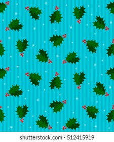 Christmas, New Year seamless pattern of stylized leaves of holly, Naive retro style, print for wrapping gift paper, background, wallpaper, poster, banner, card, invitation, fabric, vector EPS 8
