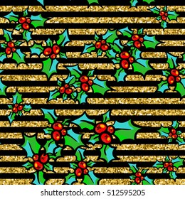 Christmas and New Year seamless pattern, vector hand drawn design element for wrapping or package. Holly with berry on black and golden glittering striped background