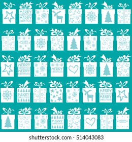 Christmas and New Year seamless pattern with gifts. Mint background. Vector Illustration