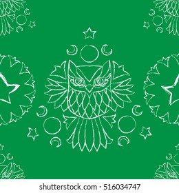 Christmas and New Year seamless pattern with hand drawn owls, stars, moon on green background. EPS 10

