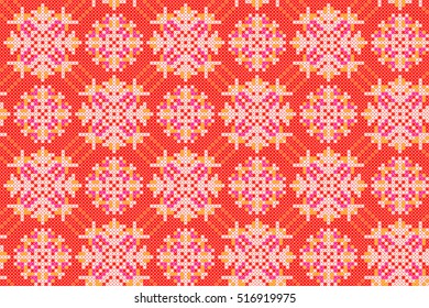 Christmas and New Year Seamless Pattern for Winter Holidays Design. Embroidered handmade ethnic pattern made from stitches for textile design, greeting cards, background, wrapping, wallpaper.