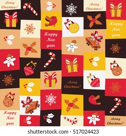 Christmas and New Year seamless pattern. Celebration background with Christmas gift box, bird, christmas star and other element. Vector  illustration. EPS 8