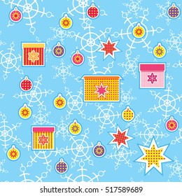 Christmas and New Year seamless pattern. Set of decoration elements: gift boxes, balls, fireworks, explosions. Set of christmas icons. All elements can be picked up. Snowflakes seamless background.
