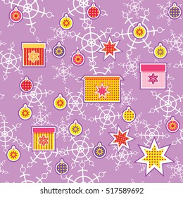 Christmas and New Year seamless pattern. Set of decoration elements: gift boxes, balls, fireworks, explosions. Set of christmas icons. All elements can be picked up. Snowflakes seamless background.