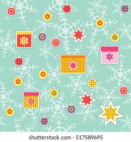 Christmas and New Year seamless pattern. Set of decoration elements: gift boxes, balls, fireworks, explosions. Set of christmas icons. All elements can be picked up. Snowflakes seamless background.