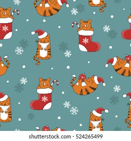 Christmas and New Year seamless pattern with cute cartoon cats. Vector holiday pets background