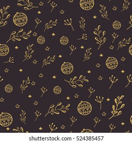 Christmas and New year seamless pattern, holiday vector illustration with decorations and branches, gold on black color. Unique and modern design for wrapping paper, decoration, web, textile.