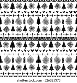 Christmas and New Year seamless pattern. Trees, burning candles, balls, snowflakes, hearts hand drawn. Vector design
