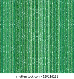 Christmas or New Year seamless pattern with snowflakes and green stripes. Winter background with bar code. Vector illustration