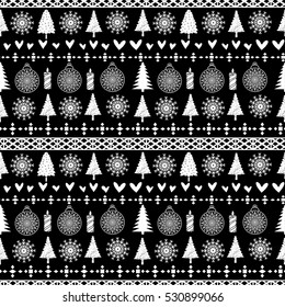Christmas and New Year seamless pattern. Trees, burning candles, balls, snowflakes, hearts hand drawn