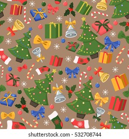 Christmas and New Year seamless pattern with holiday decorations