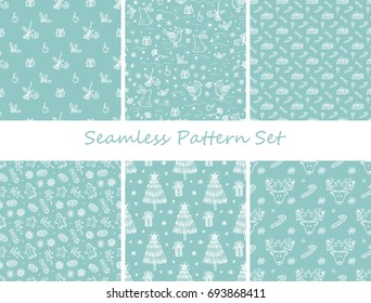 Christmas and New Year Seamless Pattern Vector Set. Hand drawn doodle Christmas Tree, Bird, Rabbit, Gingerbread, Gifts, Holly Berries, Snowflakes, Christmas Reindeer and Candy sticks. Holiday Xmas