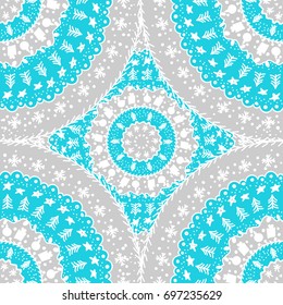 Christmas and New Year seamless pattern doodle ornament. Modern pattern and background with Christmas tree, snowflakes, present, stars, present, aquarelle blobs, paint. 