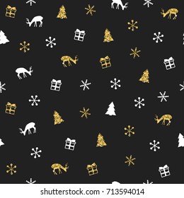 Christmas New Year seamless pattern with snowflakes christmas tree deer. Holiday background. Gold snowflakes. Xmas winter decoration. Golden texture. Hand drawn illustration. Wrapping gift paper.