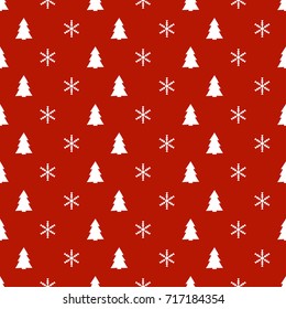 Christmas New Year seamless pattern with snowflakes christmas tree. Holiday background. Xmas winter decoration. Festive texture. Hand drawn vector illustration. Snow pattern. Wrapping gift paper.