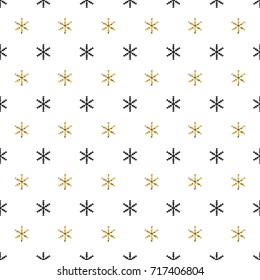 Christmas New Year seamless pattern with snowflakes. Holiday background. Gold snowflakes. Xmas winter decoration. Golden texture. Hand drawn vector illustration. Snow pattern. Wrapping gift paper