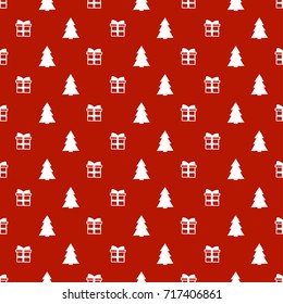 Christmas New Year seamless pattern with gift christmas tree. Holiday background. Trendy gift. Xmas winter doodle decoration. Festive texture. Hand drawn vector illustration. Wrapping gift paper