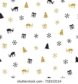 Christmas New Year seamless pattern with snowflakes christmas tree deer. Holiday background. Gold snowflakes. Xmas winter decoration. Golden texture. Hand drawn illustration. Wrapping gift paper