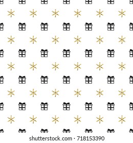 Christmas New Year seamless pattern with gift snowflakes. Holiday black background. Gold white gift. Xmas winter doodle decoration. Golden texture. Hand drawn vector illustration. Wrapping gift paper.