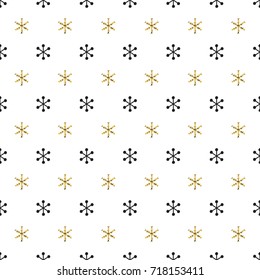 Christmas New Year seamless pattern with snowflakes. Holiday background. Gold snowflakes. Xmas winter decoration. Golden texture. Hand drawn vector illustration. Snow pattern. Wrapping gift paper