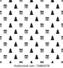 Christmas New Year seamless pattern with gift christmas tree. Holiday background. Trendy gift. Xmas winter doodle decoration. Festive texture. Hand drawn vector illustration. Wrapping gift paper