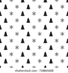 Christmas New Year seamless pattern with snowflakes christmas tree. Holiday background. Xmas winter decoration. Festive texture. Hand drawn vector illustration. Snow pattern. Wrapping gift paper