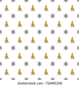 Christmas New Year seamless pattern with snowflakes christmas tree. Holiday background. Xmas winter decoration. Golden texture. Hand drawn vector illustration. Snow pattern. Wrapping gift paper