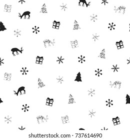 Christmas New Year seamless pattern with snowflakes christmas tree deer. Holiday background. Silver snowflakes. Xmas winter decoration. Silver texture. Hand drawn illustration. Wrapping gift paper.
