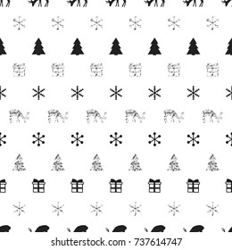Christmas New Year seamless pattern with snowflakes christmas tree deer. Holiday background. Silver snowflakes. Xmas winter decoration. Silver texture. Hand drawn illustration. Wrapping gift paper.
