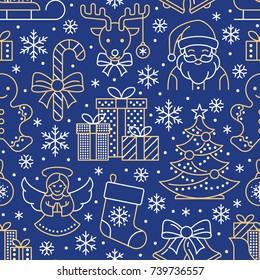 Christmas, new year seamless pattern, line illustration. Vector icons of winter holidays pine tree, gifts, santa claus, angel, presents, jingle bells. Celebration party blue repeated background