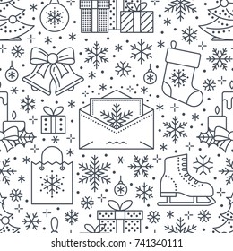 Christmas, new year seamless pattern, line illustration. Vector icons of winter holidays pine tree, gifts, letter to santa, presents, jingle bells. Celebration party white repeated background.