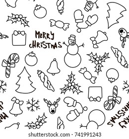 Christmas New Year seamless pattern background with pine, gift, candy, deer, bell, toy, lettering, Holly, snowman, cane, mitten. Outline vector illustration. Good for wrapping. Winter holiday symbol
