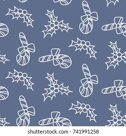 Christmas New Year seamless pattern background with candy, cane, bow, holly berry. Outline vector illustration. Good for wrapping, invitation and card. Winter holiday symbol