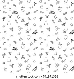 Christmas New Year seamless pattern background with pine, gift, candy, deer, bell, toy, lettering, Holly, snowman, cane, mitten. Outline vector illustration. Good for wrapping. Winter holiday symbol