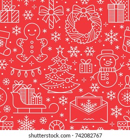Christmas, new year seamless pattern, line illustration. Vector icons of winter holidays pine tree, gifts, letter to santa, presents, snowman. Celebration party red white repeated background.