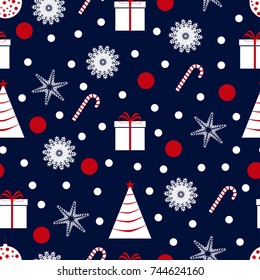 Christmas and New Year seamless pattern with Tree, snowflake, sweet, gift, star, toy. Dark blue, red, white colors. Can use for design, wrapping paper, Winter Holidays  background.Vector illustration.