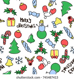 Christmas New Year seamless pattern background with pine, gift, candy, deer, bell, toy, lettering, Holly, snowman, cane, mitten. Outline vector illustration. Good for wrapping. Winter holiday symbol